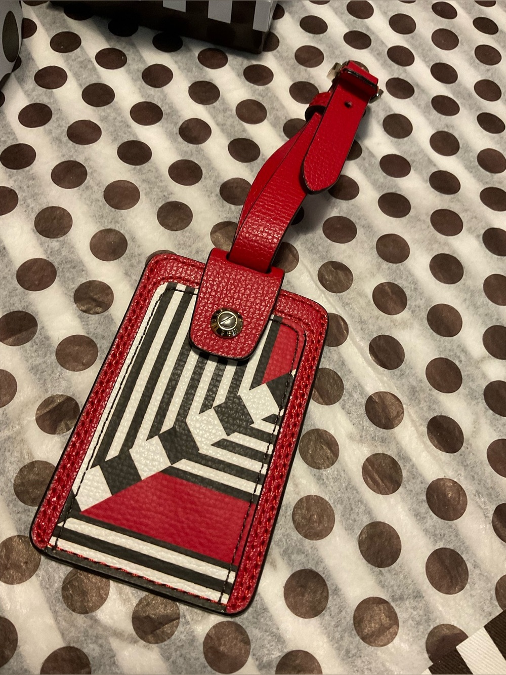 Henri Bendel West 57th Blocked Pattern Bag/Luggage Tag Red w Centennial Stripes - Picture 6 of 12